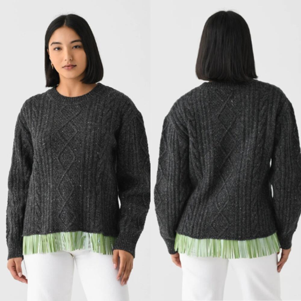 NWT Lingua Franca Bianca Crew Sequin Fringe Sweater Charcoal Gray Size: Small